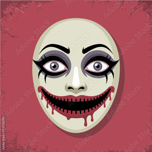 Bleeding smile mask portrait, exaggerated eyes, dripping red lips, unsettling horror icon, creepy halloween poster, stylized vector