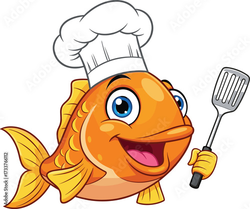 Cartoon orange fish chef with spatula and hat, smiling aquatic character for seafood, cooking, restaurant, humor, and educational themes