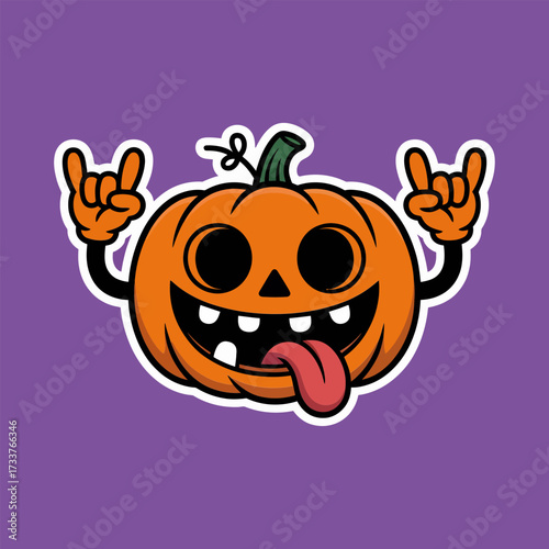 Playful pumpkin character, rock hand signs, winking tongue pose, bold purple backdrop, energetic halloween emoji, cartoon vector