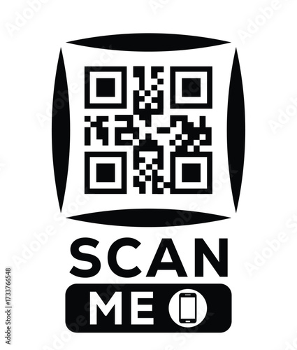 Minimalist black and white QR code label design with "SCAN ME" message, modern style, ideal for marketing, digital menus, business promotions, and mobile-based contactless solutions.	