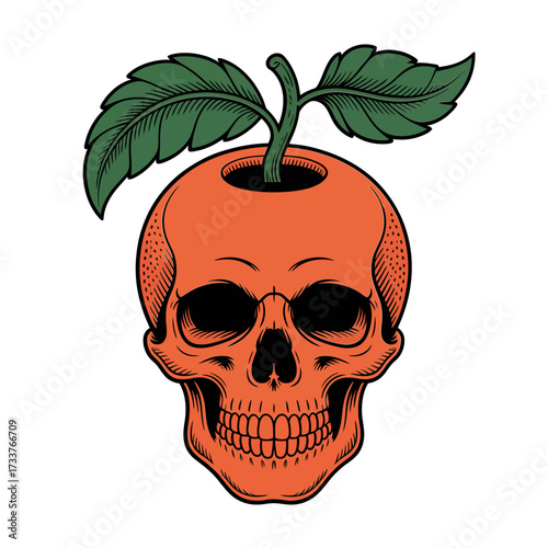 Orchard inspired skull, ripe orange head, leafy stem, vintage engraving look, creepy harvest concept, seasonal halloween vector
