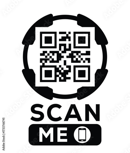 Minimalist black and white QR code label design with "SCAN ME" message, modern style, ideal for marketing, digital menus, business promotions, and mobile-based contactless solutions.	