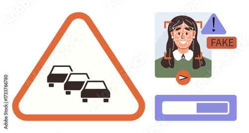 Triangular traffic congestion sign, face scan detecting deepfake video, progress bar, and warning icon. Ideal for AI technology, cybersecurity, deepfake detection, awareness, road safety identity