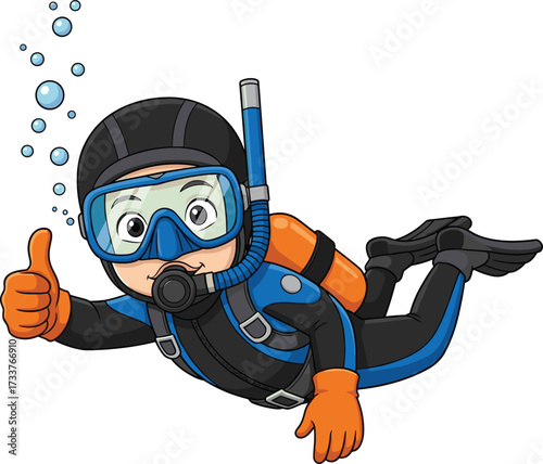 Cartoon scuba diver underwater with gear and thumbs-up gesture, black wetsuit, bubbles, snorkel, oxygen tank, fun and educational vector