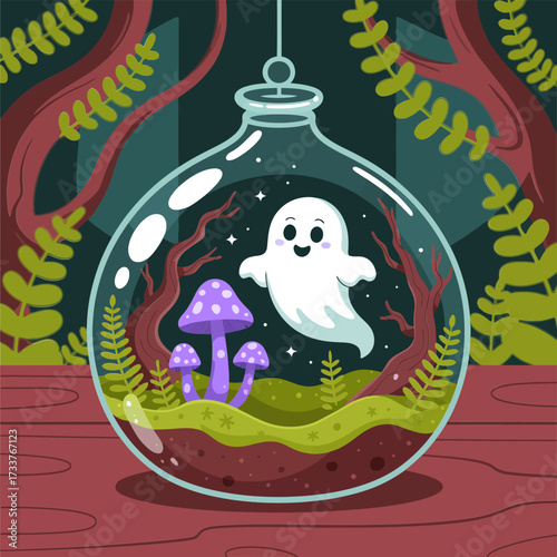 hanging glass terrarium with ghost, magical forest mushrooms and leaves, cute paranormal scene, cozy halloween vector design
