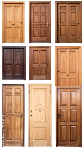 Collage of twelve diverse wood doors, showcasing various styles and panel configurations