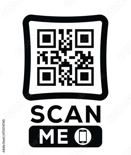 Minimalist black and white QR code label design with "SCAN ME" message, modern style, ideal for marketing, digital menus, business promotions, and mobile-based contactless solutions.	