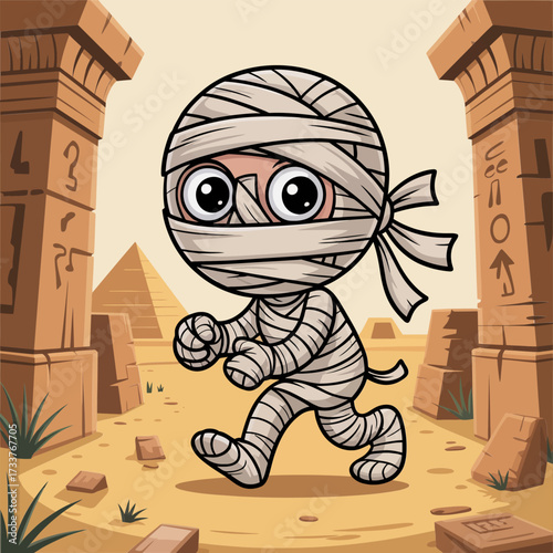 Cute mummy adventurer, running through ancient ruins, bandaged character, sandy desert scene, hieroglyph columns, playful Halloween illustration, vector