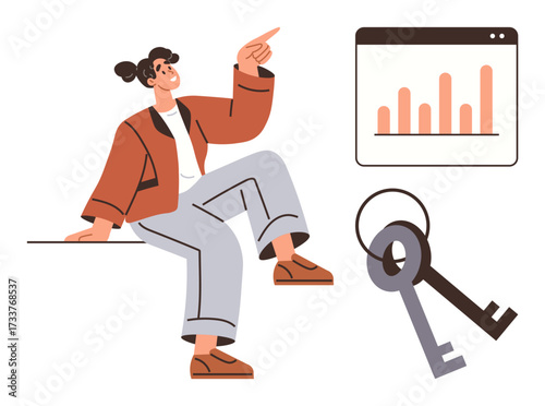 Woman sitting confidently, pointing towards a graph in a browser window. Keys nearby suggest access and opportunity. Ideal for business, analysis, strategy, success, leadership, motivation simple