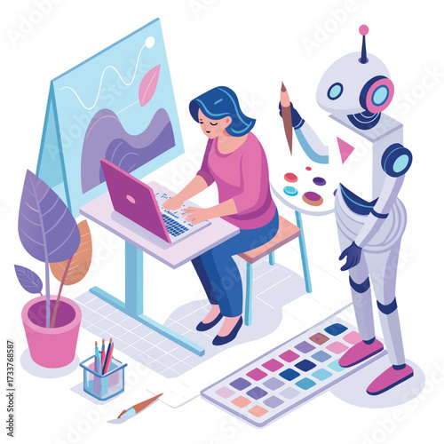 Vector art of a woman and a robot are working together on a painting, using a laptop and traditional art supplies
