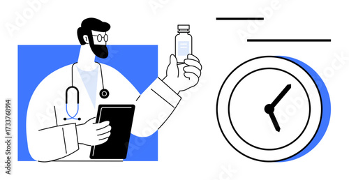 Doctor examining a vial, holding a clipboard beside a clock. Ideal for healthcare, medicine, time management, scheduling, research, pharmaceutical development productivity. A simple flat metaphor