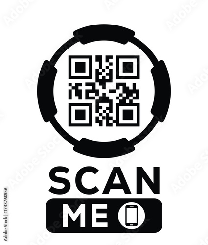 Minimalist black and white QR code label design with "SCAN ME" message, modern style, ideal for marketing, digital menus, business promotions, and mobile-based contactless solutions.	