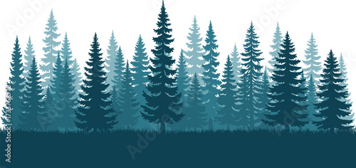Layered conifer forest silhouette with blue and teal tones—vector illustration for nature, landscape, tranquility, and environmental design themes