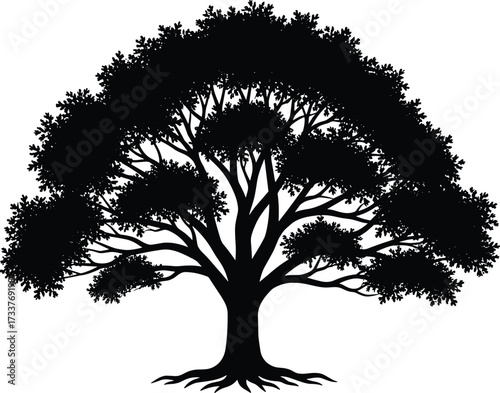 Majestic tree silhouette with thick trunk, wide canopy, visible roots, nature icon for environmental, botanical, seasonal, and symbolic themes