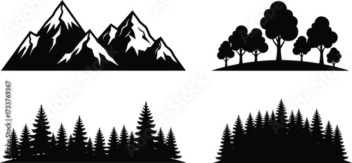 Mountain, forest, and tree silhouette set—black vector illustration of natural landscapes for nature, outdoor, design, and educational use