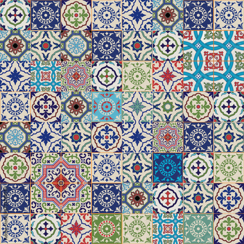 Mega Gorgeous seamless patchwork pattern from colorful Moroccan, Portuguese tiles, Azulejo, ornaments.. Can be used for wallpaper, pattern fills, web page background,surface textures.