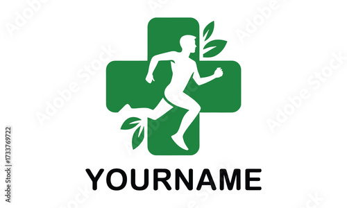 Health and wellness running athlete logo featuring a green cross and laurel leaves