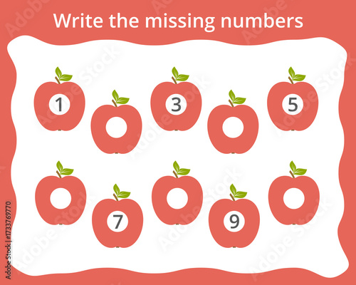 Write the missing numbers in apples. Children's educational game. Score 1-10.