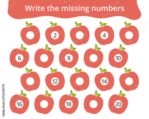 Missing number worksheet for kids with apples, count and write numbers from 1 to 20, great for preschool math learning and early number practice.