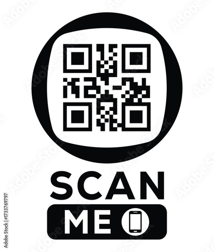 Minimalist black and white QR code label design with "SCAN ME" message, modern style, ideal for marketing, digital menus, business promotions, and mobile-based contactless solutions.	