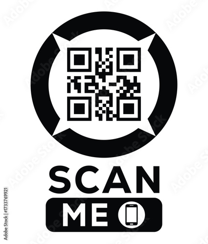 Minimalist black and white QR code label design with "SCAN ME" message, modern style, ideal for marketing, digital menus, business promotions, and mobile-based contactless solutions.	