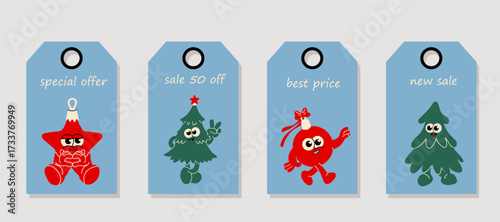 Cute Christmas Sale Tags with Cartoon Holiday Characters