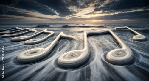 Musical notes carved in icy ocean waves under a dramatic sunset sky. Moody blues & whites evoke mystery. Concept blends music & nature. AI Generated
