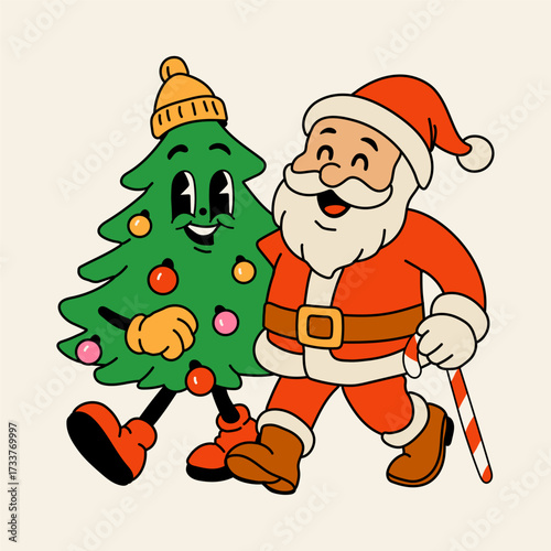 Santa Claus Walking with Smiling Christmas Tree