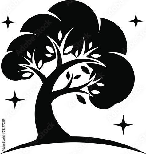 Stylized tree silhouette with rounded canopy, scattered leaves, star accents, nature icon for celestial, symbolic, artistic vector illustration design