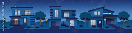 Modern housing area. City house in the evening. Midnight urban house. Home landscape. Modern villa. Residential neighborhood. 