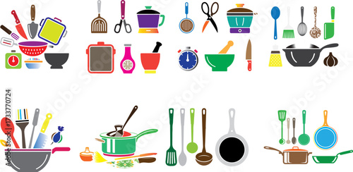 Colorful kitchen utensils and cookware illustrations