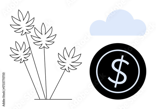 Cannabis plants with coin and cloud highlight potential revenue growth, agriculture, and economic opportunities. Ideal for business, health, investment, industry, sustainability, innovation simple