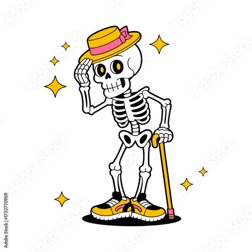 gentleman skeleton tipping hat, sparkling star accents, shiny shoes, elegant pose, classic halloween mascot, vintage cartoon vector