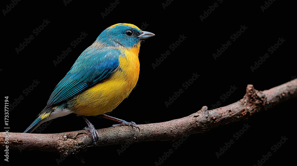 Fototapeta premium Vibrant bird perches on a branch, showcasing brilliant plumage of blue, yellow, and white. Clear, studio-style shot with a contrasting black backdrop.