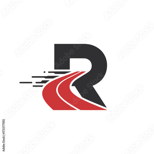 Letter R logo with racing track design, Bold letter R logo featuring a dynamic red racing track curving through its shape, symbolizing speed, progress, energy, and forward movement.


