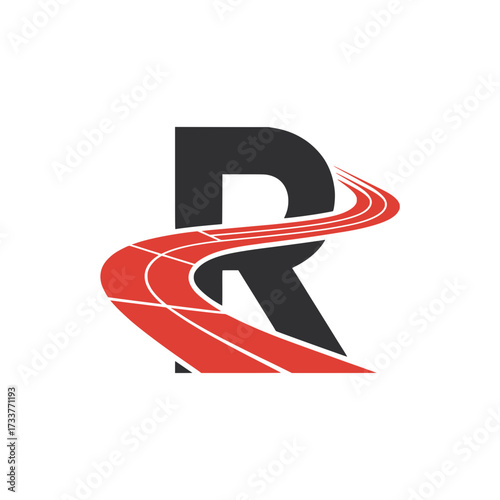 Letter R logo with racing track design, Bold letter R logo featuring a dynamic red racing track curving through its shape, symbolizing speed, progress, energy, and forward movement.

