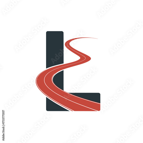 Letter L logo with winding racing track, Stylized letter L logo design featuring a red racing track curving dynamically across the shape, symbolizing speed, journey, energy, and modern innovation.

