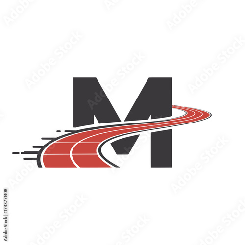 Letter M logo with racing track design, Creative letter M logo featuring a bold red racing track curving through the letter, symbolizing speed, progress, motion, and modern energy.

