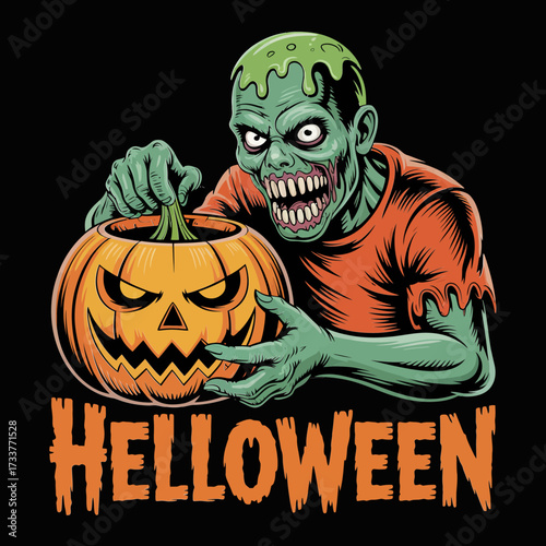 Creepy zombie holding jack o lantern pumpkin, ripped shirt, glowing eyes, Halloween horror art, grunge black background vector