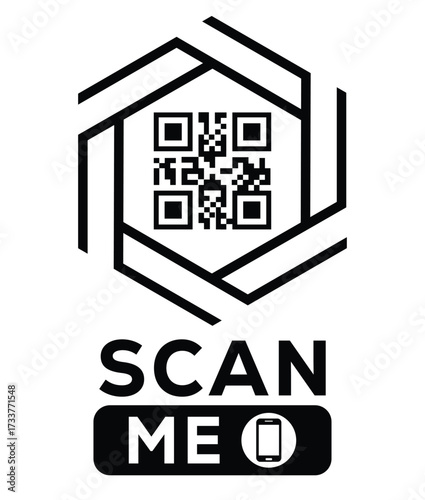 Minimalist black and white QR code label design with "SCAN ME" message, modern style, ideal for marketing, digital menus, business promotions, and mobile-based contactless solutions.	