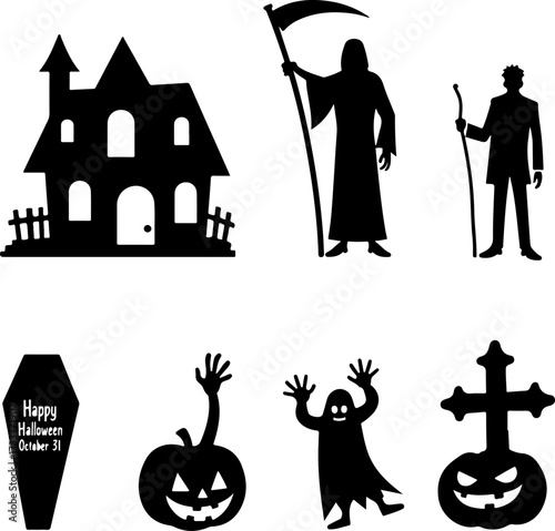 Nine Scary Halloween Silhouette Icons and Symbols Set