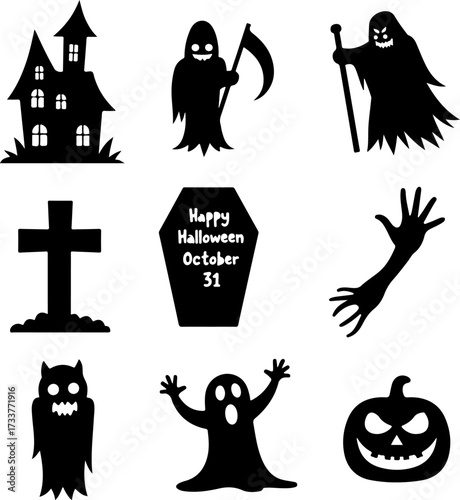 Nine Scary Halloween Silhouette Icons and Symbols Set