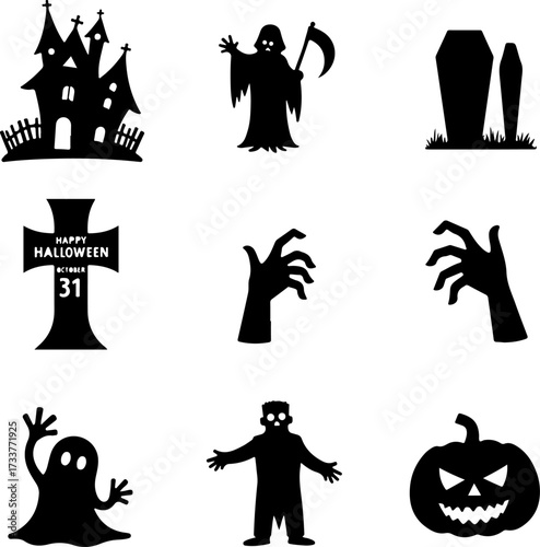 Nine Scary Halloween Silhouette Icons and Symbols Set