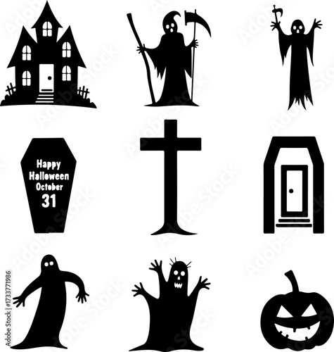 Nine Scary Halloween Silhouette Icons and Symbols Set