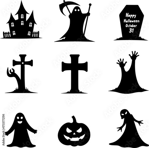 Nine Scary Halloween Silhouette Icons and Symbols Set
