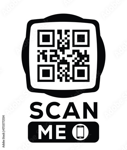 Minimalist black and white QR code label design with "SCAN ME" message, modern style, ideal for marketing, digital menus, business promotions, and mobile-based contactless solutions.	
