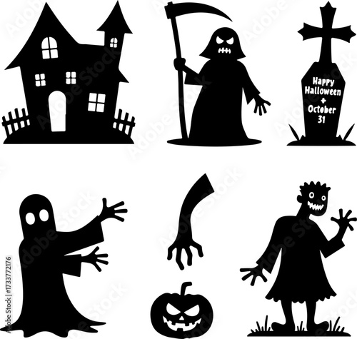 Nine Scary Halloween Silhouette Icons and Symbols Set