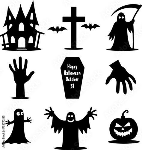 Nine Scary Halloween Silhouette Icons and Symbols Set
