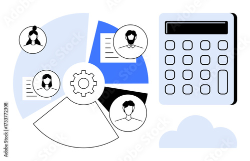 Pie chart with gear symbol, user profiles in circles, and documents beside calculator. Ideal for teamwork, budget planning, business analysis, project management, financial strategy, data sharing