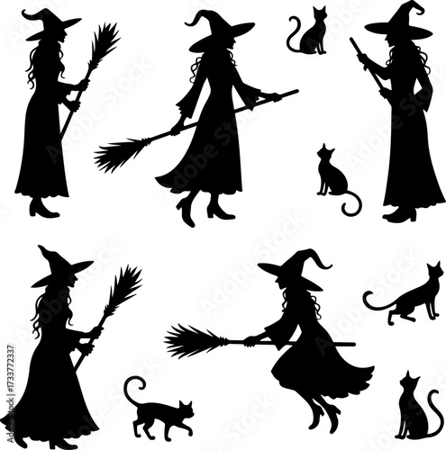 Witch and Black Cat Halloween Silhouette Collection Bundle